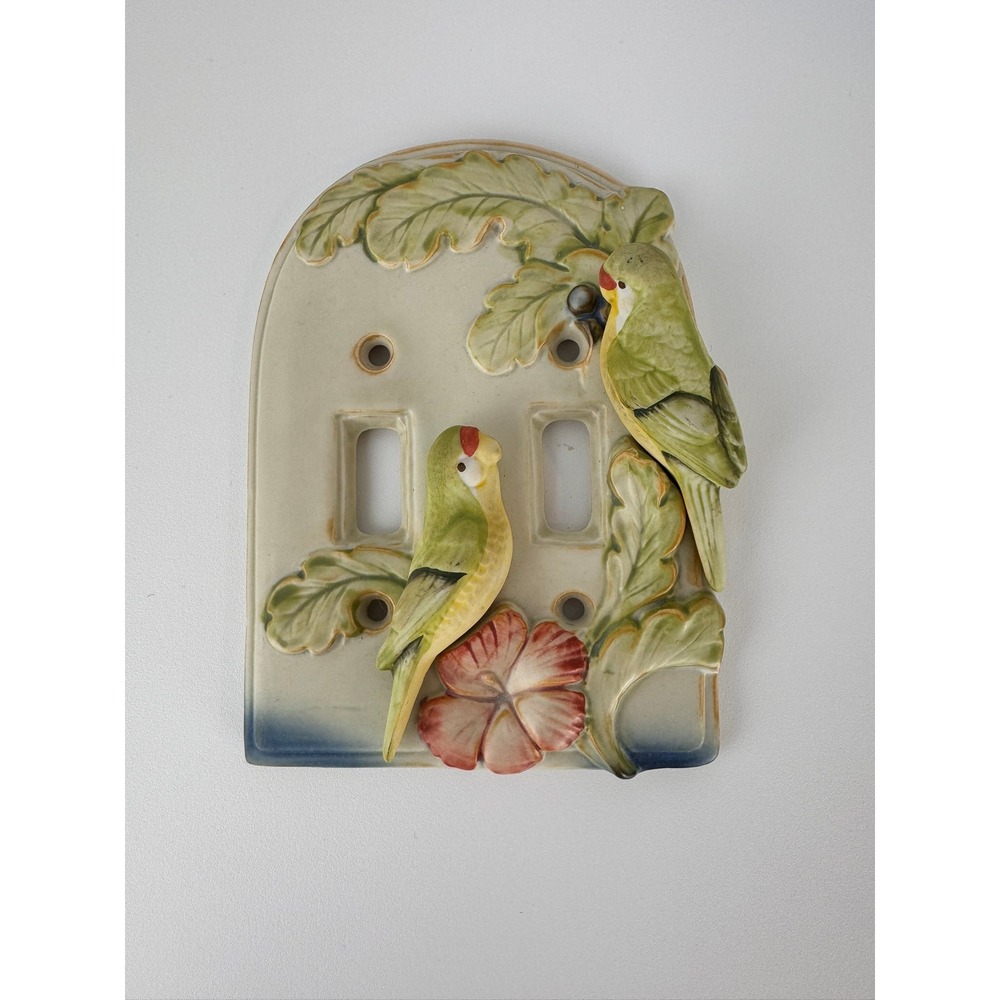 Vintage Ceramic Lovebirds Double Toggle Light Switch Cover Green Tropical Bird